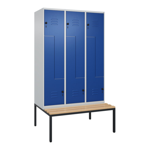 C+P Z-Spind Classic PLUS, Bank, 6 Fächer, 2120x1200x815mm, 7035/5010 Verschluss Sicherheits-Drehriegel Sitzbanktyp untergebaut Material Sitzfläche Buche-Hartholz