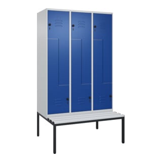 C+P Z-Spind Classic PLUS, Bank, 6 Fächer, 2120x1200x815mm, 7035/5010 Verschluss Sicherheits-Drehriegel Sitzbanktyp untergebaut Material Sitzfläche Kunststoff