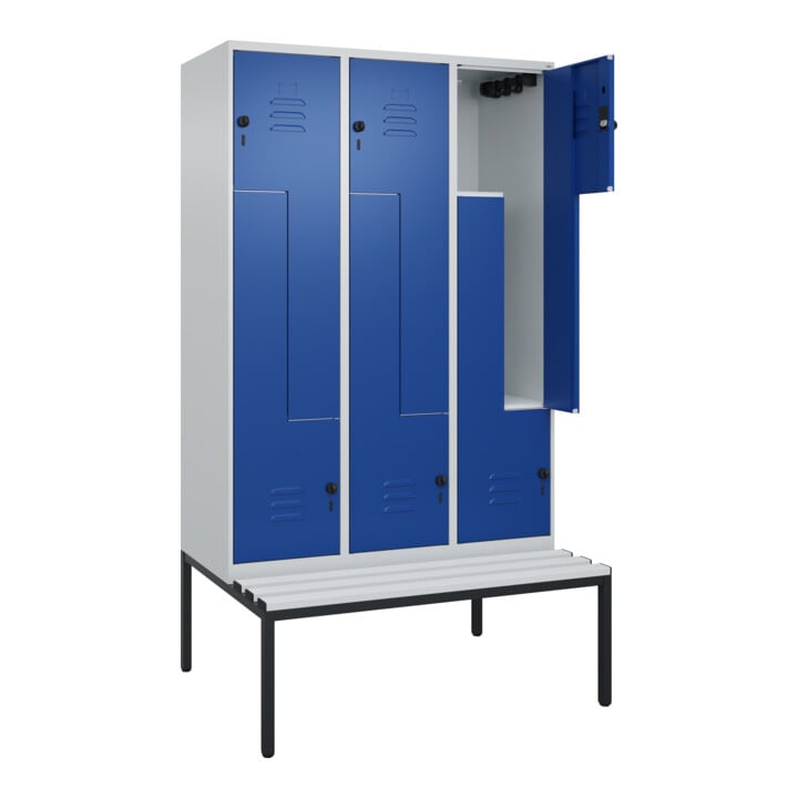 C+P Z-Spind Classic PLUS, Bank, 6 Fächer, 2120x1200x815mm, 7035/5010 Verschluss Sicherheits-Drehriegel Sitzbanktyp untergebaut Material Sitzfläche Kunststoff