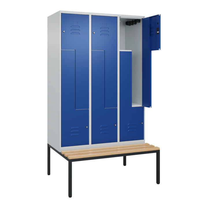 C+P Z-Spind Classic PLUS, Bank, 6 Fächer, 2120x1200x815mm, 7035/5010 Verschluss Zylinderschloss Sitzbanktyp untergebaut Material Sitzfläche Buche-Hartholz
