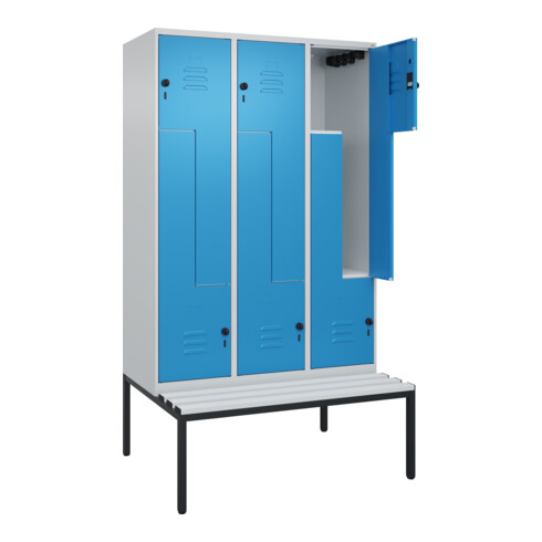 C+P Z-Spind Classic PLUS, Bank, 6 Fächer, 2120x1200x815mm, 7035/5012 Verschluss Sicherheits-Drehriegel Sitzbanktyp untergebaut Material Sitzfläche Kunststoff