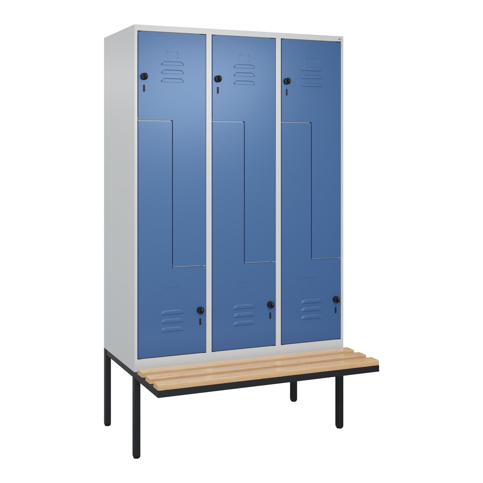 C+P Z-Spind Classic PLUS, Bank, 6 Fächer, 2120x1200x815mm, 7035/5023 Verschluss Sicherheits-Drehriegel Sitzbanktyp auskragend Material Sitzfläche Buch