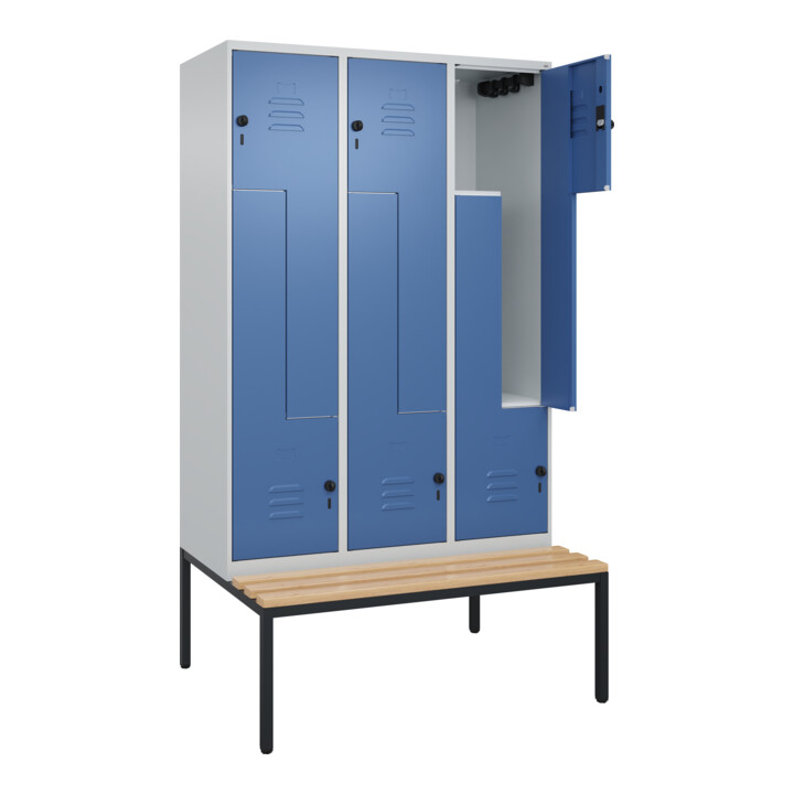 C+P Z-Spind Classic PLUS, Bank, 6 Fächer, 2120x1200x815mm, 7035/5023 Verschluss Sicherheits-Drehriegel Sitzbanktyp untergebaut Material Sitzfläche Buche-Hartholz