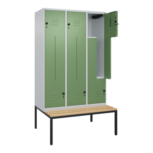 C+P Z-Spind Classic PLUS, Bank, 6 Fächer, 2120x1200x815mm, 7035/6011 Verschluss Sicherheits-Drehriegel Sitzbanktyp untergebaut Material Sitzfläche Buche-Hartholz