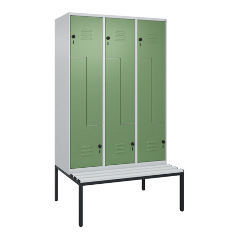 C+P Z-Spind Classic PLUS, Bank, 6 Fächer, 2120x1200x815mm, 7035/6011 Verschluss Sicherheits-Drehriegel Sitzbanktyp untergebaut Material Sitzfläche Kunststoff