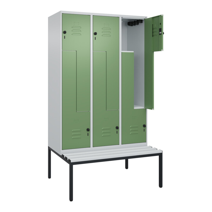 C+P Z-Spind Classic PLUS, Bank, 6 Fächer, 2120x1200x815mm, 7035/6011 Verschluss Sicherheits-Drehriegel Sitzbanktyp untergebaut Material Sitzfläche Kunststoff