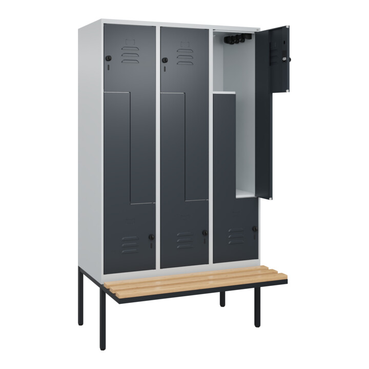 C+P Z-Spind Classic PLUS, Bank, 6 Fächer, 2120x1200x815mm, 7035/7016 Verschluss Sicherheits-Drehriegel Sitzbanktyp auskragend Material Sitzfläche Buche-Hartholz