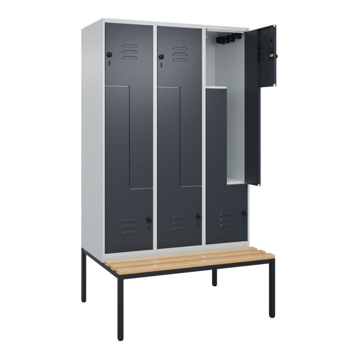 C+P Z-Spind Classic PLUS, Bank, 6 Fächer, 2120x1200x815mm, 7035/7016 Verschluss Sicherheits-Drehriegel Sitzbanktyp untergebaut Material Sitzfläche Buche-Hartholz