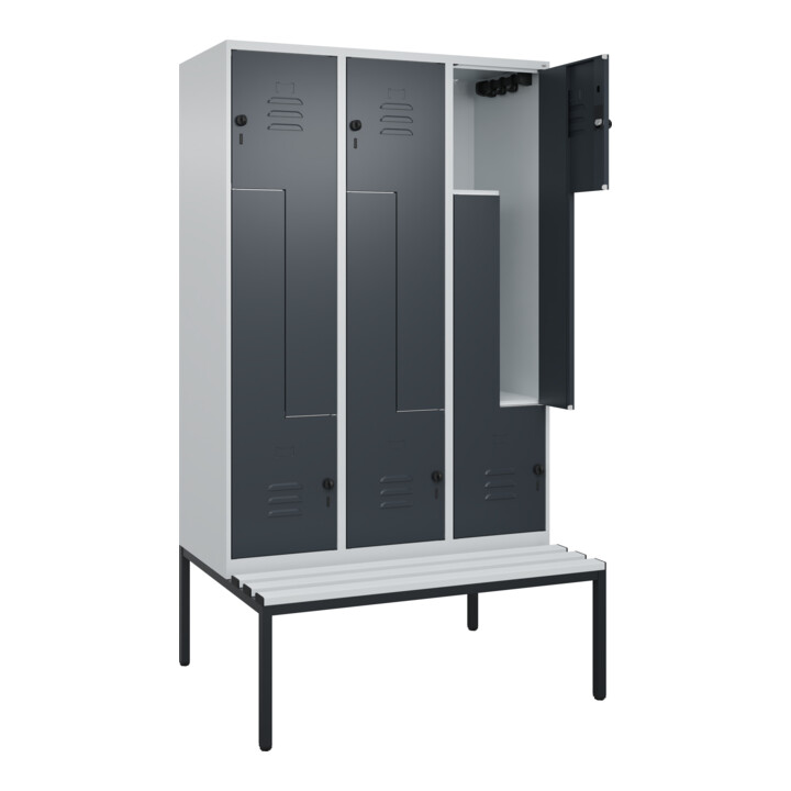 C+P Z-Spind Classic PLUS, Bank, 6 Fächer, 2120x1200x815mm, 7035/7016 Verschluss Sicherheits-Drehriegel Sitzbanktyp untergebaut Material Sitzfläche Kunststoff