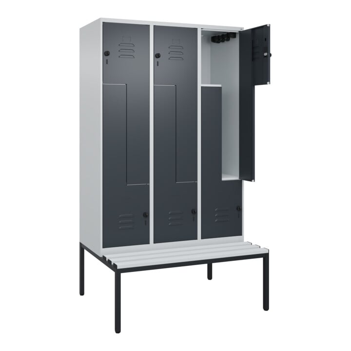 C+P Z-Spind Classic PLUS, Bank, 6 Fächer, 2120x1200x815mm, 7035/7016 Verschluss Sicherheits-Drehriegel Sitzbanktyp untergebaut Material Sitzfläche Kunststoff
