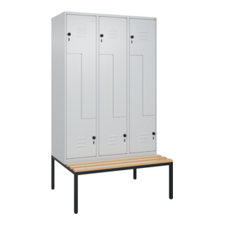 C+P Z-Spind Classic PLUS, Bank, 6 Fächer, 2120x1200x815mm, 7035/7035 Verschluss Sicherheits-Drehriegel Sitzbanktyp untergebaut Material Sitzfläche Buche-Hartholz