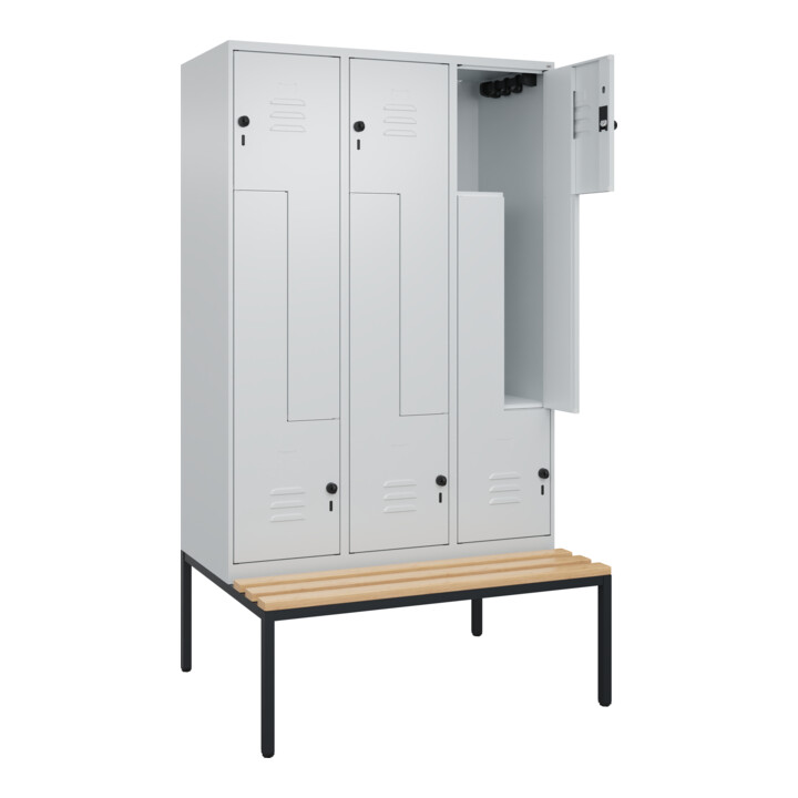 C+P Z-Spind Classic PLUS, Bank, 6 Fächer, 2120x1200x815mm, 7035/7035 Verschluss Sicherheits-Drehriegel Sitzbanktyp untergebaut Material Sitzfläche Buche-Hartholz