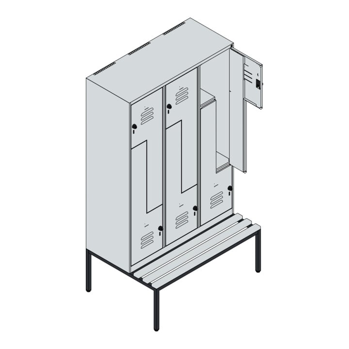 C+P Z-Spind Classic PLUS, Bank, 6 Fächer, 2120x1200x815mm, 7035/7035 Verschluss Sicherheits-Drehriegel Sitzbanktyp untergebaut Material Sitzfläche Buche-Hartholz