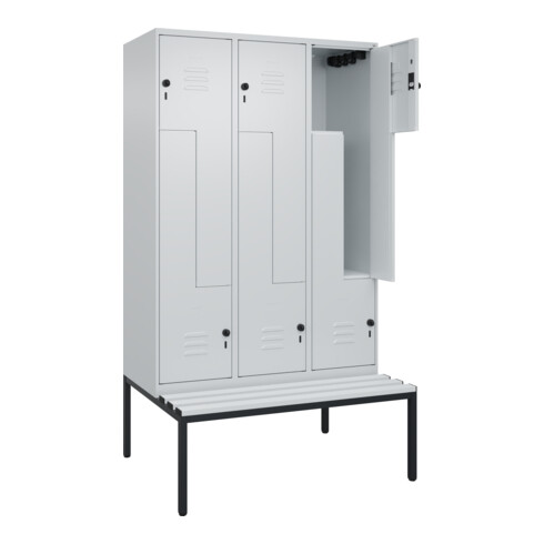 C+P Z-Spind Classic PLUS, Bank, 6 Fächer, 2120x1200x815mm, 7035/7035 Verschluss Sicherheits-Drehriegel Sitzbanktyp untergebaut Material Sitzfläche Kunststoff