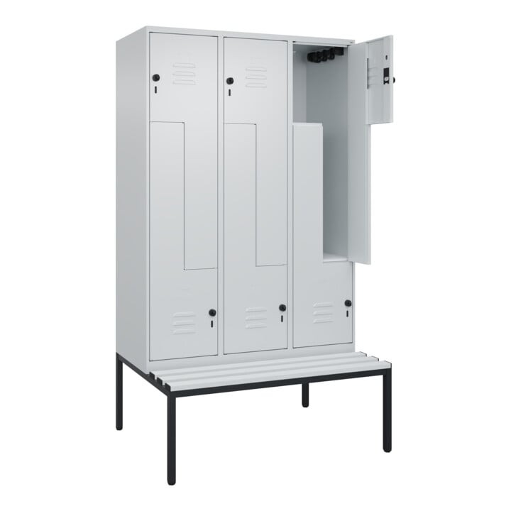 C+P Z-Spind Classic PLUS, Bank, 6 Fächer, 2120x1200x815mm, 7035/7035 Verschluss Sicherheits-Drehriegel Sitzbanktyp untergebaut Material Sitzfläche Kunststoff
