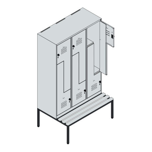 C+P Z-Spind Classic PLUS, Bank, 6 Fächer, 2120x1200x815mm, 7035/7035 Verschluss Zylinderschloss Sitzbanktyp untergebaut Material Sitzfläche Buche-Hartholz