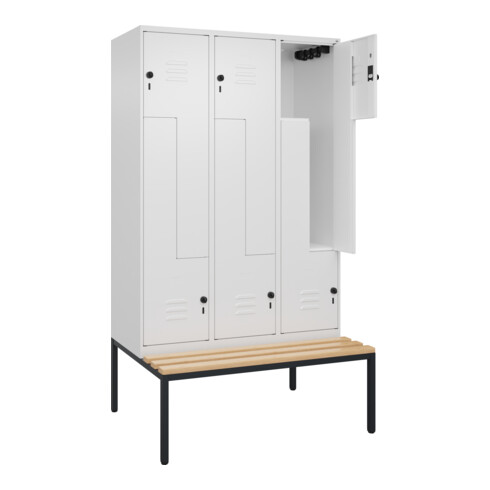 C+P Z-Spind Classic PLUS, Bank, 6 Fächer, 2120x1200x815mm, 9016/9016 Verschluss Sicherheits-Drehriegel Sitzbanktyp untergebaut Material Sitzfläche Buche-Hartholz