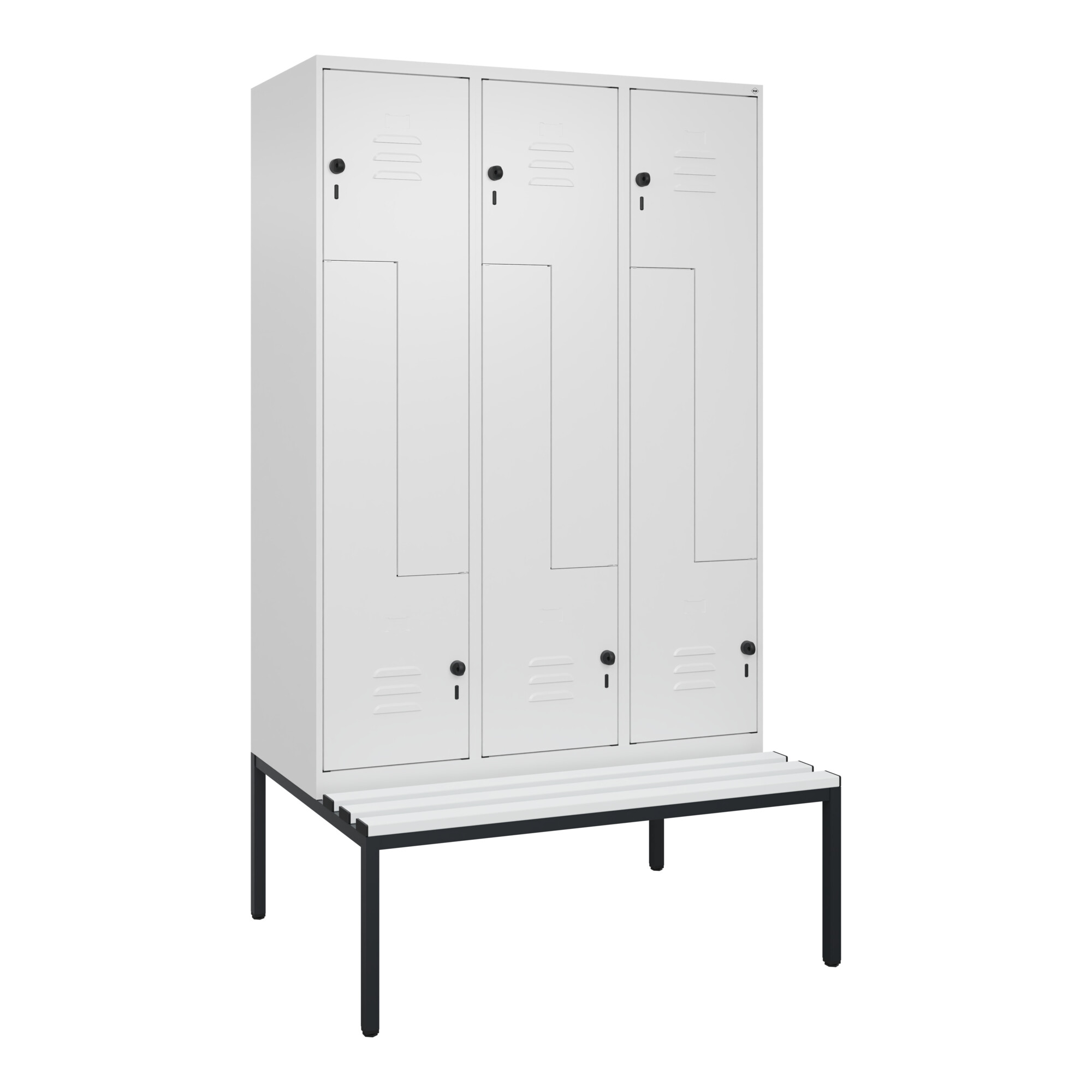 C+P Z-Spind Classic PLUS, Bank, 6 Fächer, 2120x1200x815mm, 9016/9016 Verschluss Sicherheits-Drehriegel Sitzbanktyp untergebaut Material Sitzfläche Kun