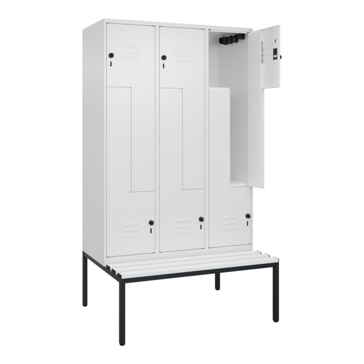 C+P Z-Spind Classic PLUS, Bank, 6 Fächer, 2120x1200x815mm, 9016/9016 Verschluss Sicherheits-Drehriegel Sitzbanktyp untergebaut Material Sitzfläche Kunststoff
