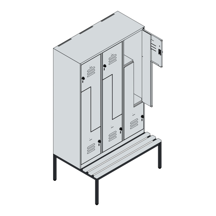 C+P Z-Spind Classic PLUS, Bank, 6 Fächer, 2120x1200x815mm, 9016/9016 Verschluss Sicherheits-Drehriegel Sitzbanktyp untergebaut Material Sitzfläche Kunststoff