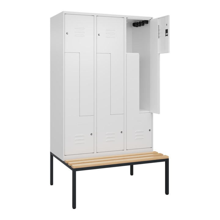 C+P Z-Spind Classic PLUS, Bank, 6 Fächer, 2120x1200x815mm, 9016/9016 Verschluss Zylinderschloss Sitzbanktyp untergebaut Material Sitzfläche Buche-Hartholz