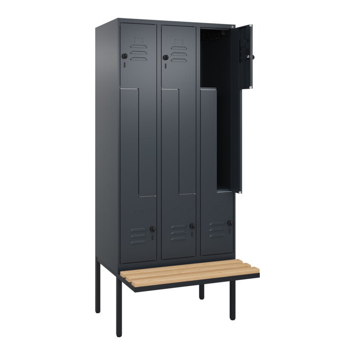C+P Z-Spind Classic PLUS, Bank, 6 Fächer, 2120x900x815mm, 7016/7016 Verschluss Sicherheits-Drehriegel Sitzbanktyp auskragend Material Sitzfläche Buche-Hartholz