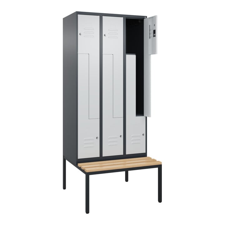 C+P Z-Spind Classic PLUS, Bank, 6 Fächer, 2120x900x815mm, 7016/7035 Verschluss Zylinderschloss Sitzbanktyp untergebaut Material Sitzfläche Buche-Hartholz