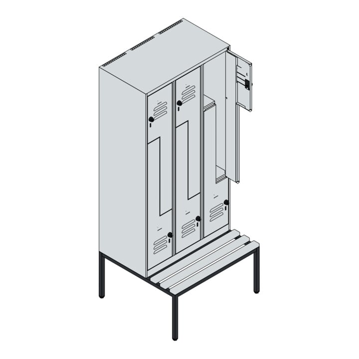 C+P Z-Spind Classic PLUS, Bank, 6 Fächer, 2120x900x815mm, 7016/7035 Verschluss Zylinderschloss Sitzbanktyp untergebaut Material Sitzfläche Buche-Hartholz