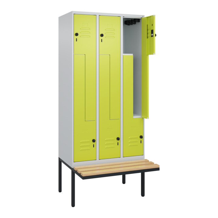 C+P Z-Spind Classic PLUS, Bank, 6 Fächer, 2120x900x815mm, 7035/0024 Verschluss Sicherheits-Drehriegel Sitzbanktyp auskragend Material Sitzfläche Buche-Hartholz