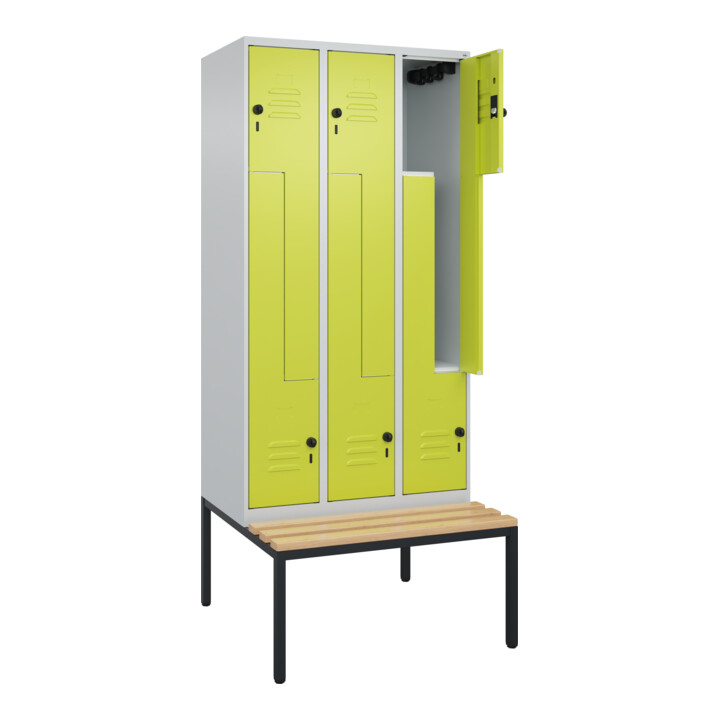 C+P Z-Spind Classic PLUS, Bank, 6 Fächer, 2120x900x815mm, 7035/0024 Verschluss Sicherheits-Drehriegel Sitzbanktyp untergebaut Material Sitzfläche Buche-Hartholz