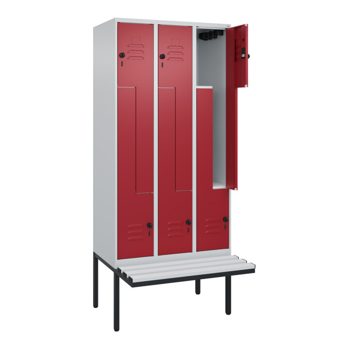 C+P Z-Spind Classic PLUS, Bank, 6 Fächer, 2120x900x815mm, 7035/3003 Verschluss Sicherheits-Drehriegel Sitzbanktyp auskragend Material Sitzfläche Kunststoff