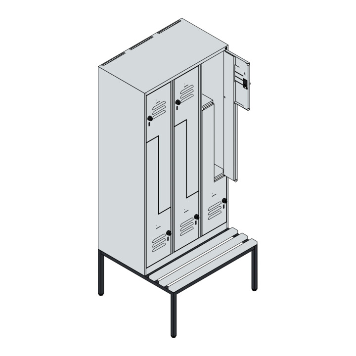 C+P Z-Spind Classic PLUS, Bank, 6 Fächer, 2120x900x815mm, 7035/3003 Verschluss Sicherheits-Drehriegel Sitzbanktyp untergebaut Material Sitzfläche Buche-Hartholz