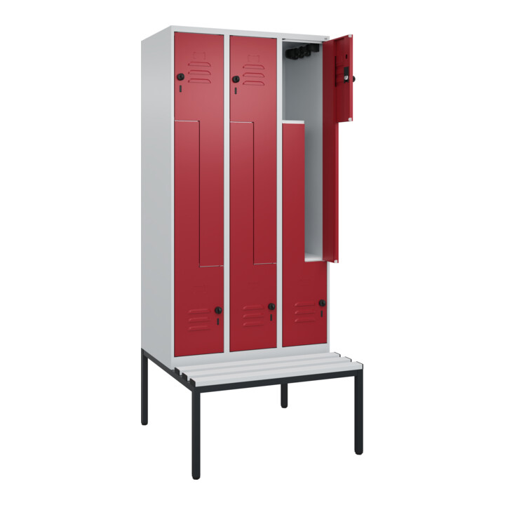 C+P Z-Spind Classic PLUS, Bank, 6 Fächer, 2120x900x815mm, 7035/3003 Verschluss Sicherheits-Drehriegel Sitzbanktyp untergebaut Material Sitzfläche Kunststoff