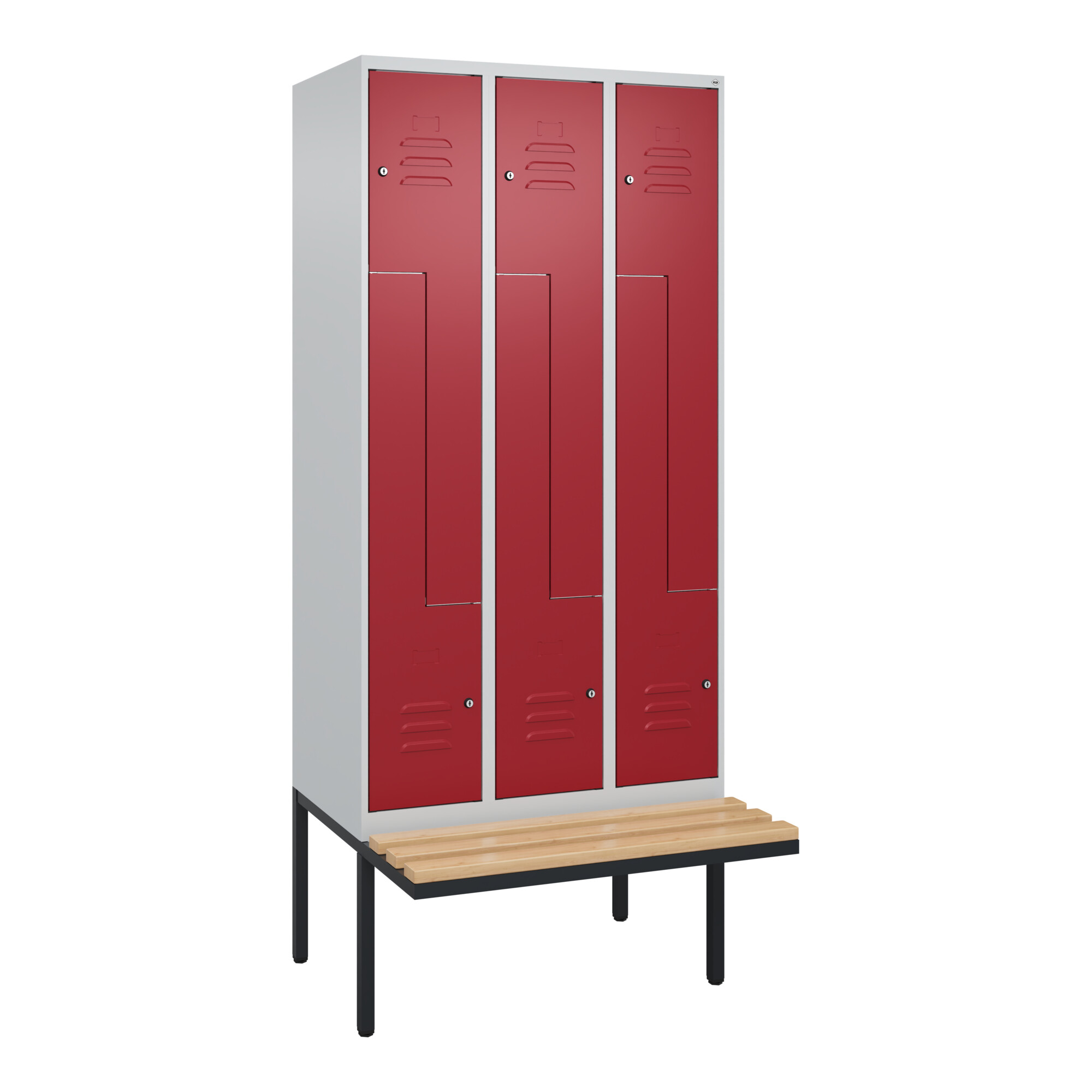 C+P Z-Spind Classic PLUS, Bank, 6 Fächer, 2120x900x815mm, 7035/3003 Verschluss Zylinderschloss Sitzbanktyp auskragend Material Sitzfläche Buche-Hartho