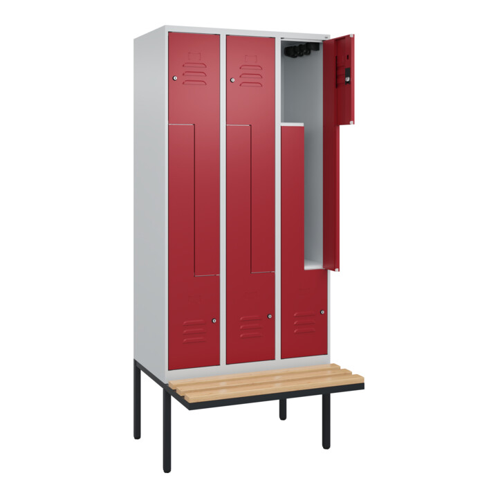 C+P Z-Spind Classic PLUS, Bank, 6 Fächer, 2120x900x815mm, 7035/3003 Verschluss Zylinderschloss Sitzbanktyp auskragend Material Sitzfläche Buche-Hartholz