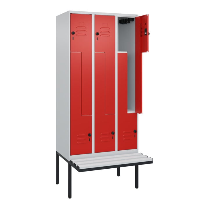 C+P Z-Spind Classic PLUS, Bank, 6 Fächer, 2120x900x815mm, 7035/3020 Verschluss Sicherheits-Drehriegel Sitzbanktyp auskragend Material Sitzfläche Kunststoff