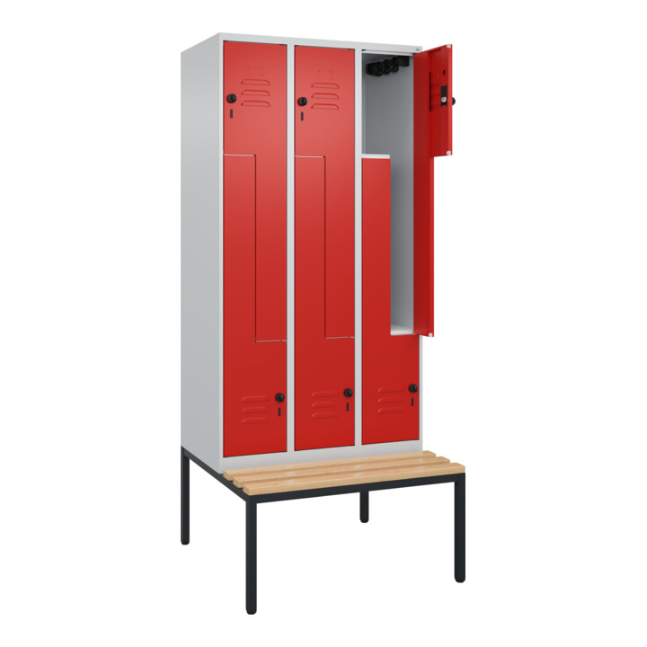 C+P Z-Spind Classic PLUS, Bank, 6 Fächer, 2120x900x815mm, 7035/3020 Verschluss Sicherheits-Drehriegel Sitzbanktyp untergebaut Material Sitzfläche Buche-Hartholz