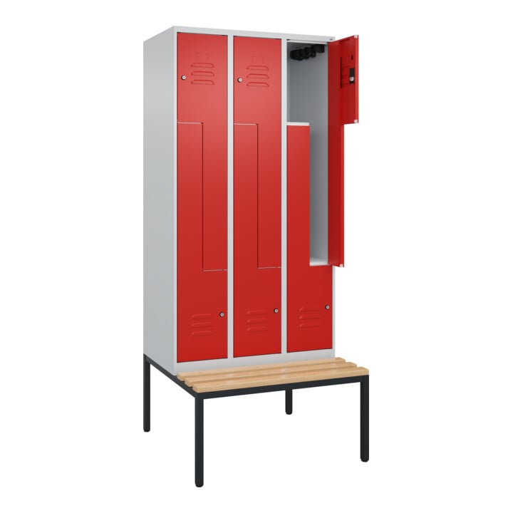 C+P Z-Spind Classic PLUS, Bank, 6 Fächer, 2120x900x815mm, 7035/3020 Verschluss Zylinderschloss Sitzbanktyp untergebaut Material Sitzfläche Buche-Hartholz