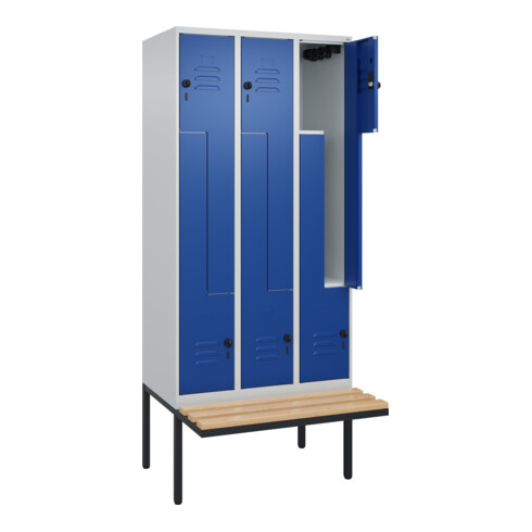 C+P Z-Spind Classic PLUS, Bank, 6 Fächer, 2120x900x815mm, 7035/5010 Verschluss Sicherheits-Drehriegel Sitzbanktyp auskragend Material Sitzfläche Buche-Hartholz