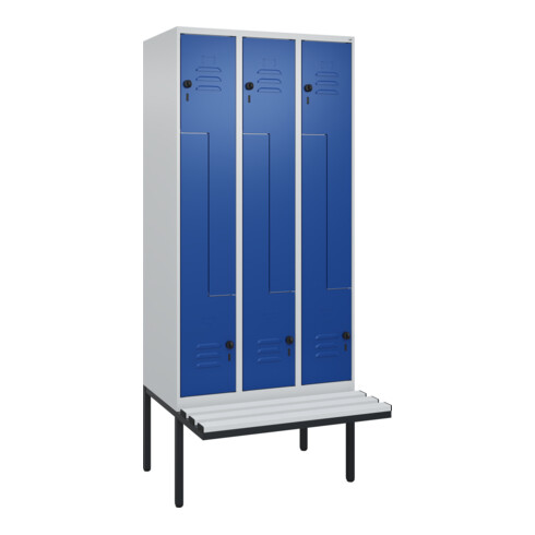 C+P Z-Spind Classic PLUS, Bank, 6 Fächer, 2120x900x815mm, 7035/5010 Verschluss Sicherheits-Drehriegel Sitzbanktyp auskragend Material Sitzfläche Kunststoff