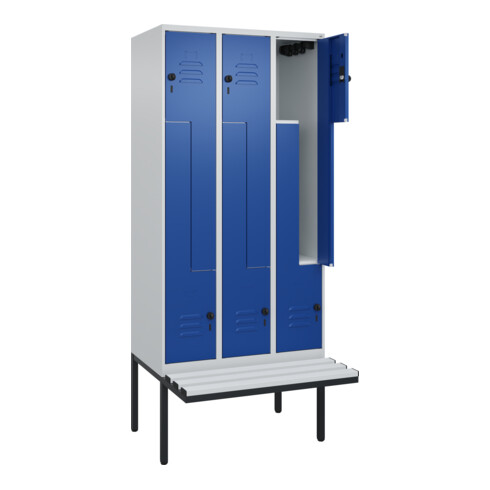C+P Z-Spind Classic PLUS, Bank, 6 Fächer, 2120x900x815mm, 7035/5010 Verschluss Sicherheits-Drehriegel Sitzbanktyp auskragend Material Sitzfläche Kunststoff