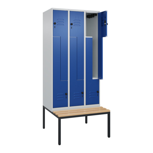 C+P Z-Spind Classic PLUS, Bank, 6 Fächer, 2120x900x815mm, 7035/5010 Verschluss Sicherheits-Drehriegel Sitzbanktyp untergebaut Material Sitzfläche Buche-Hartholz