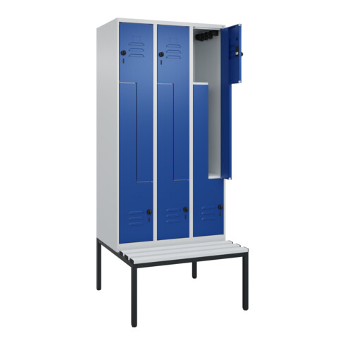 C+P Z-Spind Classic PLUS, Bank, 6 Fächer, 2120x900x815mm, 7035/5010 Verschluss Sicherheits-Drehriegel Sitzbanktyp untergebaut Material Sitzfläche Kunststoff