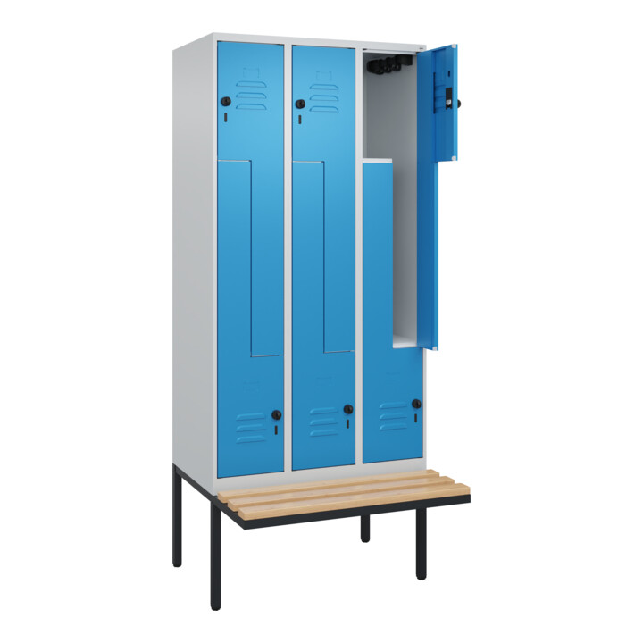 C+P Z-Spind Classic PLUS, Bank, 6 Fächer, 2120x900x815mm, 7035/5012 Verschluss Sicherheits-Drehriegel Sitzbanktyp auskragend Material Sitzfläche Buche-Hartholz
