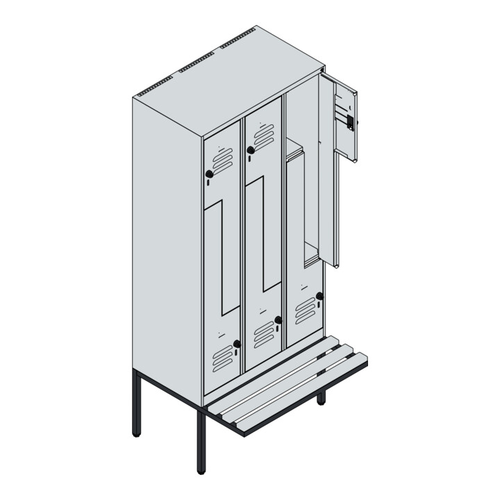 C+P Z-Spind Classic PLUS, Bank, 6 Fächer, 2120x900x815mm, 7035/5012 Verschluss Sicherheits-Drehriegel Sitzbanktyp auskragend Material Sitzfläche Buche-Hartholz