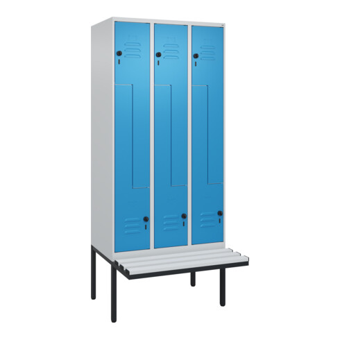 C+P Z-Spind Classic PLUS, Bank, 6 Fächer, 2120x900x815mm, 7035/5012 Verschluss Sicherheits-Drehriegel Sitzbanktyp auskragend Material Sitzfläche Kunststoff