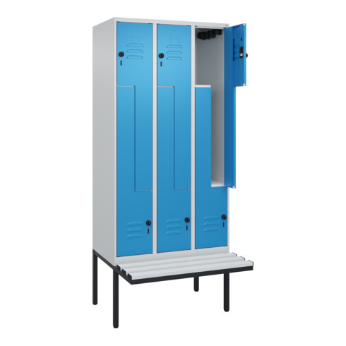 C+P Z-Spind Classic PLUS, Bank, 6 Fächer, 2120x900x815mm, 7035/5012 Verschluss Sicherheits-Drehriegel Sitzbanktyp auskragend Material Sitzfläche Kunststoff