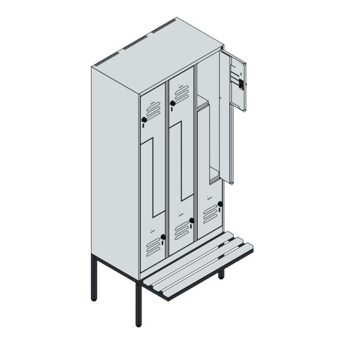 C+P Z-Spind Classic PLUS, Bank, 6 Fächer, 2120x900x815mm, 7035/5012 Verschluss Sicherheits-Drehriegel Sitzbanktyp auskragend Material Sitzfläche Kunststoff