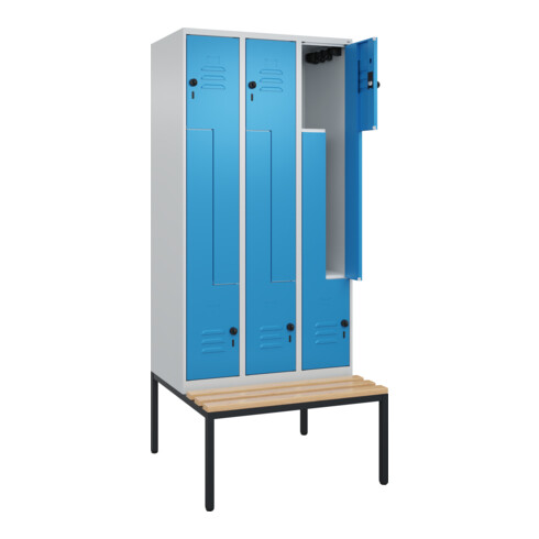 C+P Z-Spind Classic PLUS, Bank, 6 Fächer, 2120x900x815mm, 7035/5012 Verschluss Sicherheits-Drehriegel Sitzbanktyp untergebaut Material Sitzfläche Buche-Hartholz