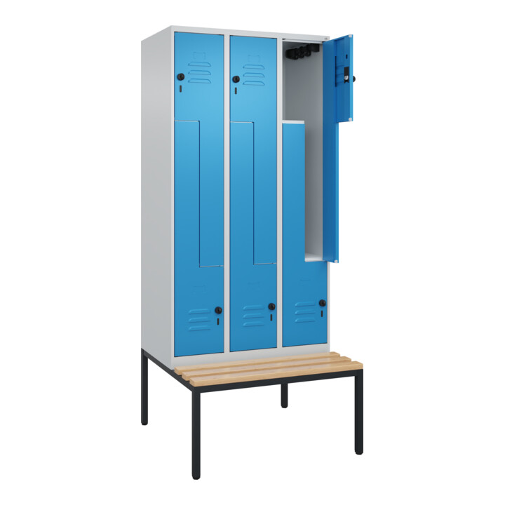 C+P Z-Spind Classic PLUS, Bank, 6 Fächer, 2120x900x815mm, 7035/5012 Verschluss Sicherheits-Drehriegel Sitzbanktyp untergebaut Material Sitzfläche Buche-Hartholz